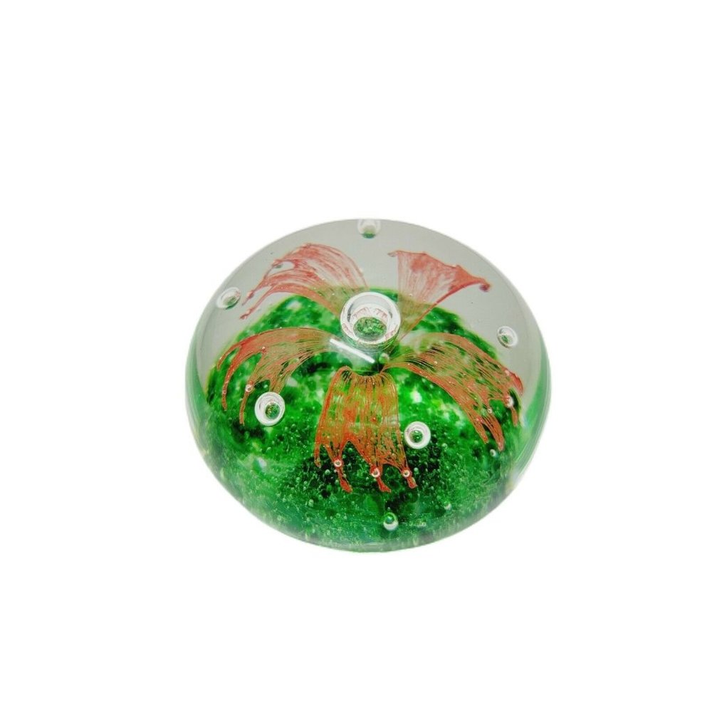 Vintage Beautiful Round Glass Red Green Bubble Flower Floral Design Paperweight